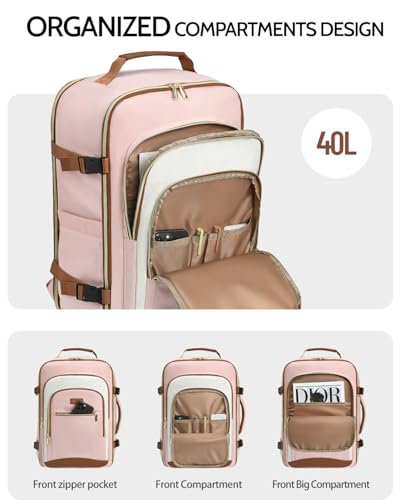 40L Travel Backpack for Women, Carry On Bag Flight Approved, Waterproof Backpack with 3 Packing Cubes, Weekender Personal Item Bag for Airplane Travel Essentials, TSA Approved - color: Light Pink-brown