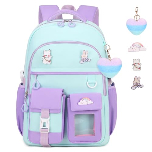 Girls Backpack, Lightweight Kids Backpack Kawaii School Backpacks Bookbag for Primary Elementary School,Age 6-14 years,Black Match Purple (Luggage Strap Ver) - color: 1pc-green & Purple(luggage Strap Ver)