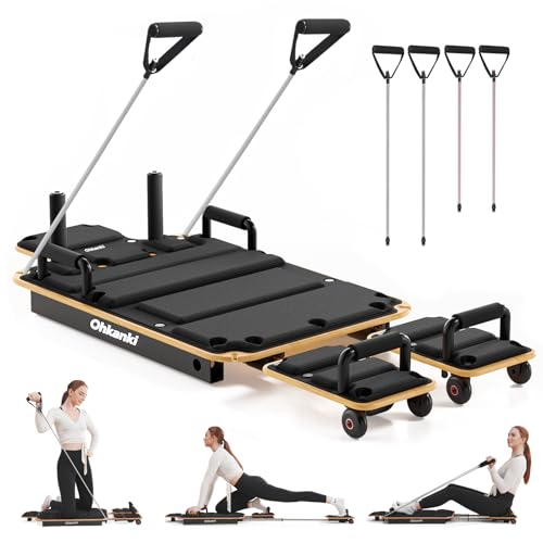 Pilates Reformer Board for Home Workout, 5-in-1 Pilates Equipment , Maple Wood Deck & High-Strength Steel Rails, Adjustable 20 lbs & 25 lbs Resistance Bands, Full-Body Training