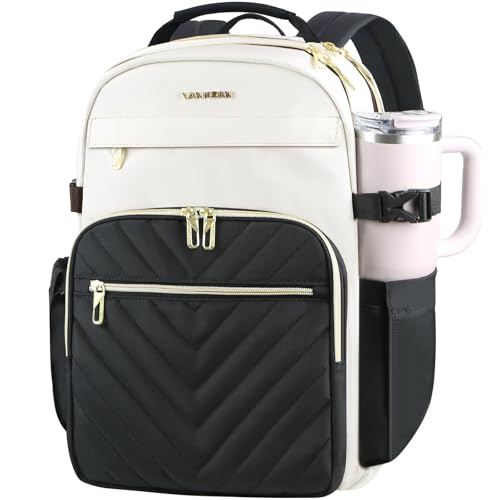 VANKEAN Laptop Backpack for Women with Giant Tumbler Holder Pocket,17.3 inch School College Book Bag Nurse Teacher Backpack,Waterproof Work Travel Backpack Purse Laptop Computer Bag, Bags Beige-Black - color: Beige-black, size: 17.3 Inch