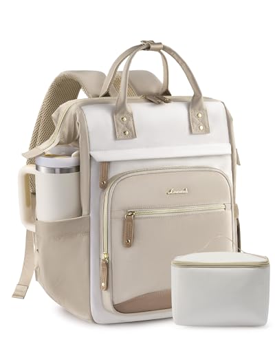 LOVEVOOK Laptop Backpack for Women Work Bag with Large Capacity Cup Side Pocket, 15.6 Inch Waterproof Computer Backpacks (Beige-khaki with Lunch Bag, 15.6INCH) - color: Beige-khaki With Lunch Bag, size: 15.6INCH