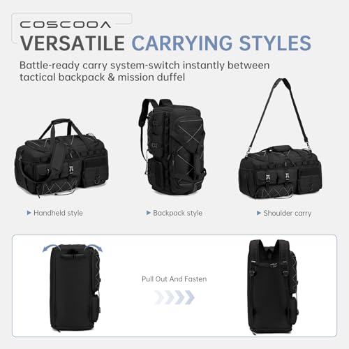 Tactical Gym Bags for Men, Carry On Luggage 22x14x9 Airline Approved, 3 in 1 Duffle Bag with Shoe Compartment,Travel Backpack Weekender Overnight Range Bag for Workout Football, Black - size: 50L
