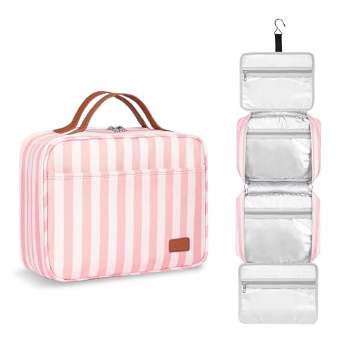 Bosidu Hanging Travel Toiletry Bag,Large Capacity Cosmetic Travel Toiletry Organizer for Women with 4 Compartments & 1 Sturdy Hook,Perfect for Travel/Daily Use/Christmas - color: M-light pink