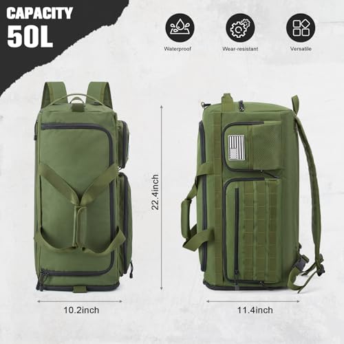 G4Free 3-in-1 Travel Duffle Bag for Men and Women, 50L Large Gym Sports Bags Tactical Military Duffle Backpack with Shoes Compartment and Wet Pocket (Green) - color: Army Green
