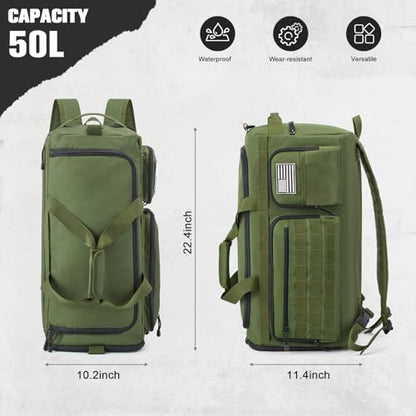 G4Free 3-in-1 Travel Duffle Bag for Men and Women, 50L Large Gym Sports Bags Tactical Military Duffle Backpack with Shoes Compartment and Wet Pocket (Green) - color: Army Green