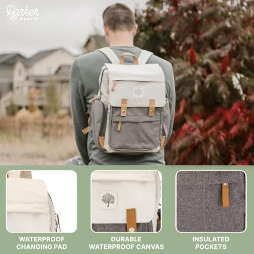 Parker Baby Diaper Backpack - Large Diaper Bag with Insulated Pockets, Stroller Straps and Changing Pad -"Birch Bag" - Cream - color: Cream