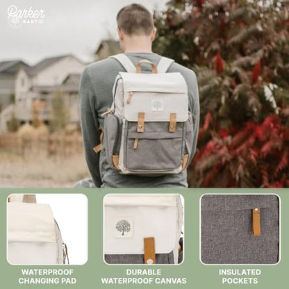 Parker Baby Diaper Backpack - Large Diaper Bag with Insulated Pockets, Stroller Straps and Changing Pad -"Birch Bag" - Cream - color: Cream