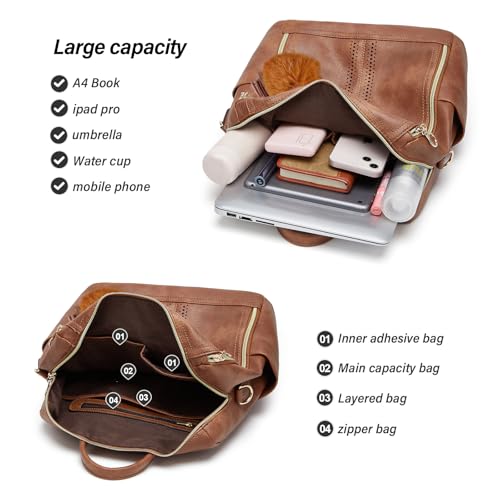Makes Backpack Purse for Women PU Leather Travel Satchel Handbag Convertible Design Bag with Purse - color: Brown Quadruple Zipper
