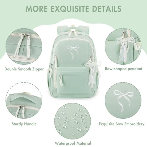 Kids Backpack for Girls - 3PCS Cute Embroidered Bow Girls Backpack with Insulated Lunch Bag & Pencil Case - Bookbag for Teen Women Middle High School College Work Travel Daypack - color: Sage