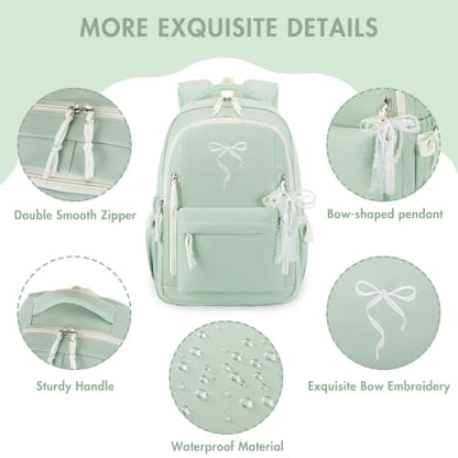 Kids Backpack for Girls - 3PCS Cute Embroidered Bow Girls Backpack with Insulated Lunch Bag & Pencil Case - Bookbag for Teen Women Middle High School College Work Travel Daypack - color: Sage
