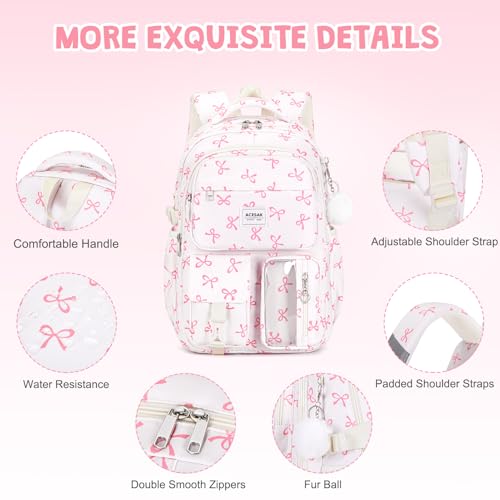 ACESAK Backpack for Girls - Girls Backpack with Lunch Bag & Pencil Pouch for Teen Kids Laptop Backpack for Women, Elementary Middle High School Bookbag Travel Daypack (Beige Bow) - color: Beige Bow