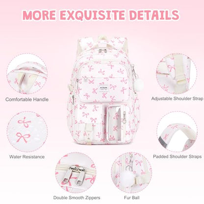 ACESAK Backpack for Girls - Girls Backpack with Lunch Bag & Pencil Pouch for Teen Kids Laptop Backpack for Women, Elementary Middle High School Bookbag Travel Daypack (Beige Bow) - color: Beige Bow
