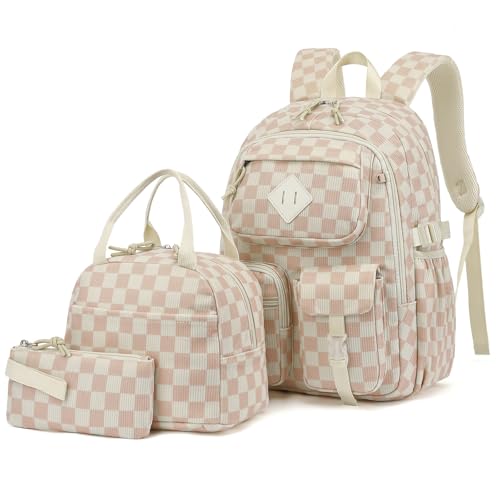 3Pcs Corduroy School Backpack for Girls, Kids Large Capacity School Bag Bookbags Set with Lunch Box and Pencil Bag (Corduroy Checkered Brown) - color: Corduroy Checkered Brown
