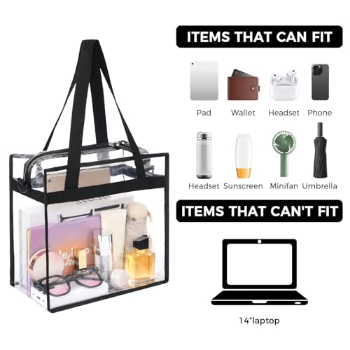 BAGAIL Clear Bags 12x6x12 Stadium Approved Clear Tote Bag with Zipper Closure Crossbody Shoulder Bag with Adjustable Strap - color: Black