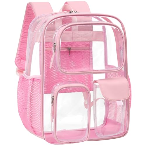 PACKISM Clear Backpack for School - 17 inch Large Heavy Duty Bookbag, Reinforced See Through PVC Transparent Backpack - color: Pu Straps Pink 3 Pockets, style: Daypack Backpacks