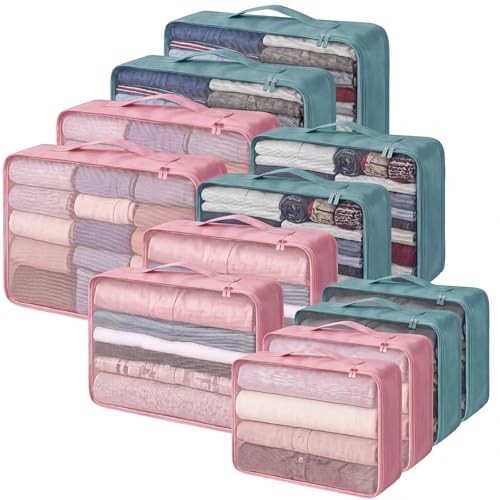 Silkfly 12 Pcs Packing Cubes for Suitcase Travel Luggage Bags Bulk Mesh Organizer Set for Hiking Camping, XL, L, M Size(Pink, Gray Blue) - color: Pink, Gray Blue, size: XL, L, M