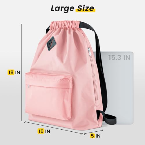 Vorspack Drawstring Backpack Water Resistant String Bag Sports Gym Sack with Side Pocket for Men Women - color: Pink