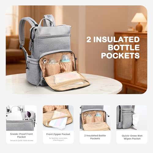 VONAL Neoprene Diaper Bag Backpack with Changing Pad, 33L Large Capacity Neoprene Backpack Baby Diaper Bag with Insulated Pockets, Travel Diaper Backpack Baby with 12 Pockets for Mom & Dad, Gray - color: Gray