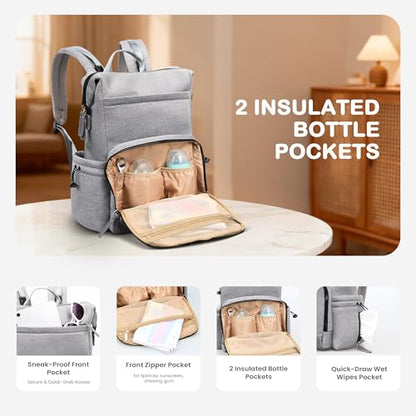 VONAL Neoprene Diaper Bag Backpack with Changing Pad, 33L Large Capacity Neoprene Backpack Baby Diaper Bag with Insulated Pockets, Travel Diaper Backpack Baby with 12 Pockets for Mom & Dad, Gray - color: Gray