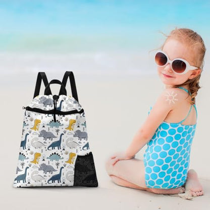 Cute Sketch Dinosaur Drawstring Backpack, 15” x 17” Waterproof Swim Bag for Beach Swimming Pool, Lightweight Foldable Gym Bag with Water Bottle Holder for Sports Travel - color: Cute Dinosaur