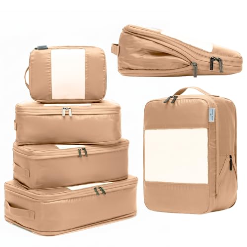 6-Pack Large Compression Packing Cubes for Travel - Lightweight Compression Packing Cube Set, Water-Resistant Luggage Organizer Bags & Suitcase Organizers, Travel Cubes for Carry-On, Checked Luggage - color: Mocha, size: 6 Pack