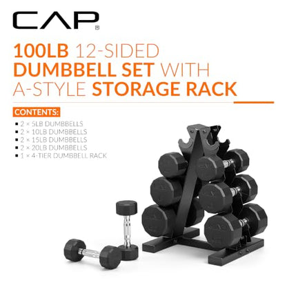 CAP Rubber Coated Hex Dumbbell Set with Storage Rack | 100–210 lb Options, Space-Saving Vertical Compact Storage for Home Gym Strength Training - size: 100 lb - Set, style: 12-Sided Chrome Handle
