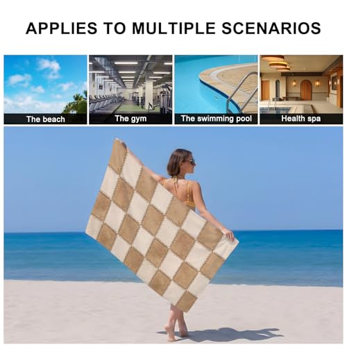Brown Beige Checkered Bath Towels Set of 3 for Bathroom,Soft Absorbent Shower Beach Hand Face Hair Yoga Workout Gym Towel Dish Wahcloth,Modern Farmhouse Plaid Burlap Quick Dry Bath Towels+Set - color: Beige, Tan, Cream