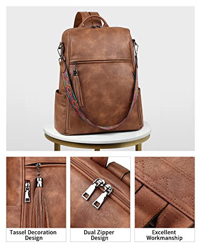 FADEON Leather Laptop Backpack for Women Designer 15.6 inch PU Laptop Bag, Ladies Travel Computer Work Backpack Brown - color: 1 Brown Retro Style