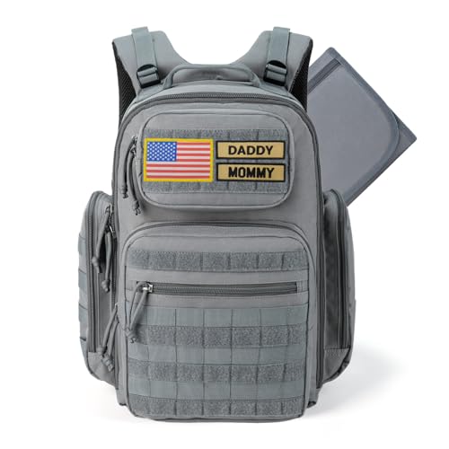 MIRACOL Outdoor Military Diaper Backpack: Dad-Approved Baby Bag with Insulated Pockets & Foldable Changing Mat - Lightweight Essentials for Hiking Camping Outdoor Adventures - color: Grey W/ Changing Mat