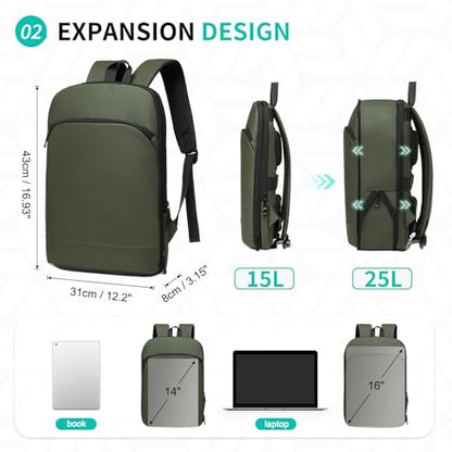 Slim Laptop Backpack for Men, Expandable Business Backpack with 16" Laptop Compartment - TSA 15L-25L Capacity Lightweight for Work Office, Dark Green - color: Dark Green