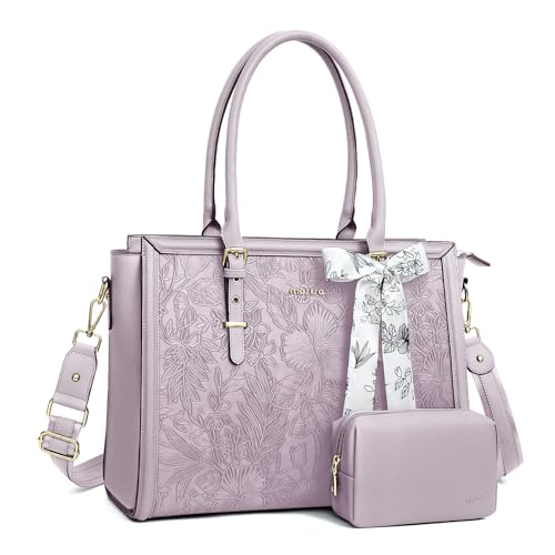 MOSISO Laptop Bag for Women, 17-17.3 inch PU Leather Tote Bag Compatible with MacBook, HP, Dell, Asus Notebook, Front Embossed Retro Hibiscus Computer Bags with Silk Scarf&Clutch Purse, Dusty Lilac - color: Dusty Lilac, size: 17.3 inch