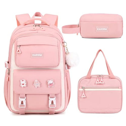 Girls Backpack, 3pcs Sets Kids Backpack for Girls with Anti-theft Back Pocket, Lightweight School Back pack Water Resistant Lunch Bag with Pencil case for Elementary Primary School, Pink - color: Pink 3pcs