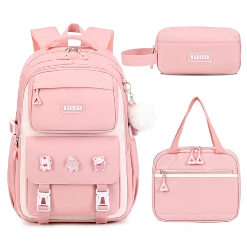Girls Backpack, 3pcs Sets Kids Backpack for Girls with Anti-theft Back Pocket, Lightweight School Back pack Water Resistant Lunch Bag with Pencil case for Elementary Primary School, Pink - color: Pink 3pcs