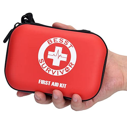 Besst Survivor Mini First Aid Kit -Small Waterproof Hard Shell Medical Kit with Compartments for Camping, Hiking, Car, Home, Office, School - Vehicle & Outdoor Emergency Medical Kit (Red) - size: Small
