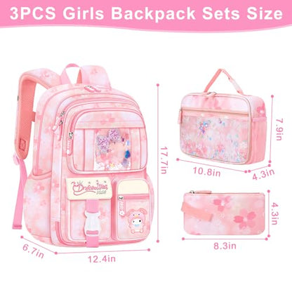 Backpack for Girls 3pcs Set, Kids Backpack for Girls with Lunch Box Pencil Case Set for Teens Elementary Middle School Bags (Pink-3 Pieces Set-1)