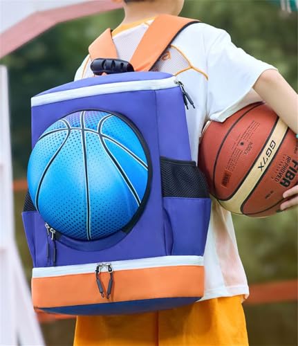 Soccer Backpack with Ball Holder on Outside, Football Volleyball Basketball Backpack with Shoe Compartment and Ball Holder - color: Basketball orange blue
