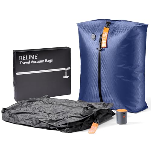 Relime Classic Series Vacuum Bags for Travel Luggage with Wireless Pump, Compression Bags for Carry On Suitcases and Backpack, Vacuum Seal Packing cube for Cloth Packing (2PC + PUMP Gray & Blue) - color: 2PC Gray & Blue