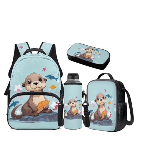 JEOCODY Cute Sea Otter Backpack for Girls Kids School Bag with Lunch Bag Pencil Case and Water Bottle Holder Casual Daypack for Travel Hiking, Back to School Accessories - color: Blue Sea Otter
