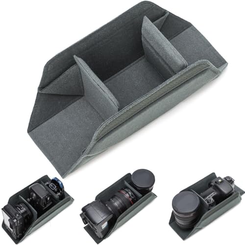Camera Bag Insert, Soft Lined Foldable Protective Cube with 3 Adjustable Compartments, Flexible Partition Design for Mirrorless Lens Photography Gear Storage