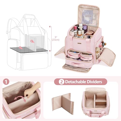 Large Makeup Backpack with 3 Clear Makeup Bags, Double Layers Professional Makeup Travel Case with Brushes Storage Section for Makeup Artists - color: Pink