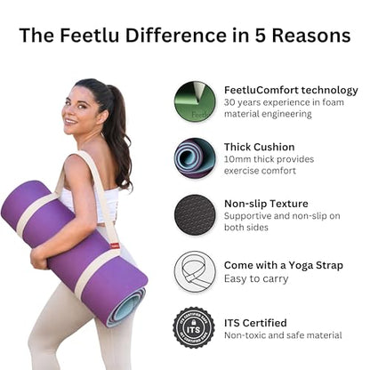 Extra Thick Yoga Mat with Carry Strap, 10mm Non-Slip Exercise Mat, 72 x 24 Inch Cushioned Workout Mat for Yoga, Pilates, Stretching & Floor Exercises - color: Dark Purple & Blue Gray