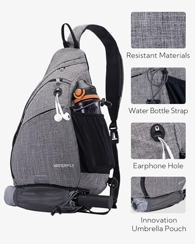 WATERFLY Sling Bag Sling Backpack Small Crossbody Shoulder Bag for Men Women Traveling Cycling Hiking Daypack - color: Hemp Gray
