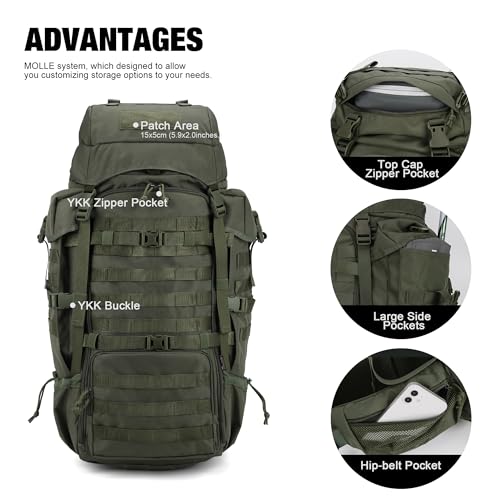 Mardingtop 70L Internal Frame Backpack for Hunting,Camping,Hiking Backpacking Backpack with Rain Cover - color: Ranger Green
