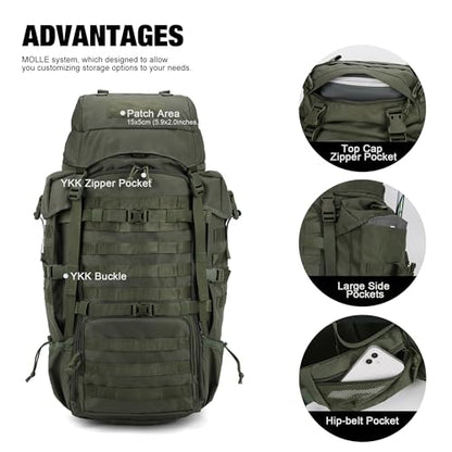 Mardingtop 70L Internal Frame Backpack for Hunting,Camping,Hiking Backpacking Backpack with Rain Cover - color: Ranger Green