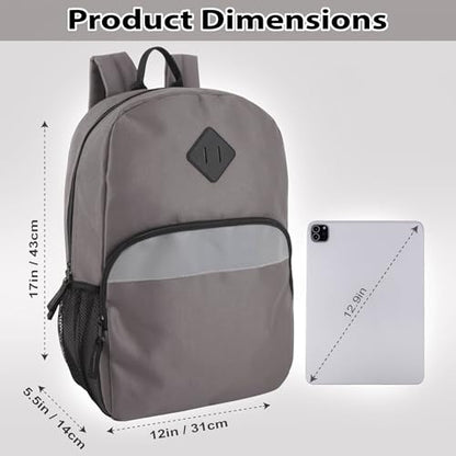 Trail maker (24 Pack) 17" Backpack – Reflective School Backpack with Padded Straps, Water Bottle Pockets for Kids & Adults, School Travel Camp (Grey) - color: Grey