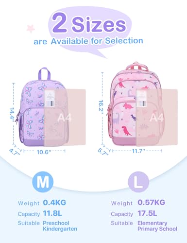 VASCHY Kids Backpacks, 12L Toddler & 17.5L School Backpacks, Lightweight Water-Resistant for Boys and Girls Ages 3-12 - color: Dino Pink, size: Large