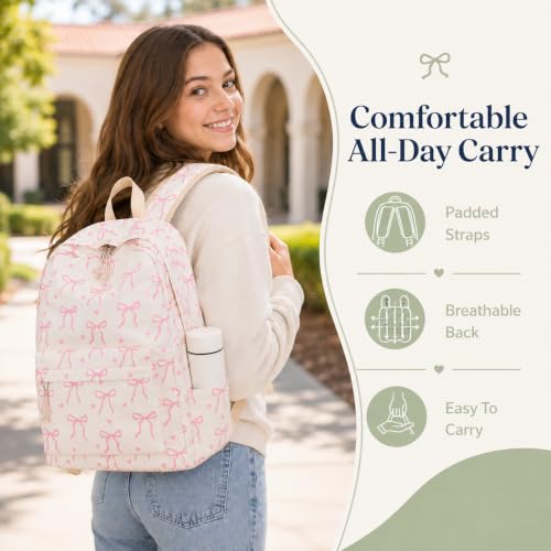 Bluboon School Backpack for Teen Girls Women Laptop Backpack College Bookbags Middle School Travel Work Commuter Back Pack - color: Beige Base Pink Bow & Heart