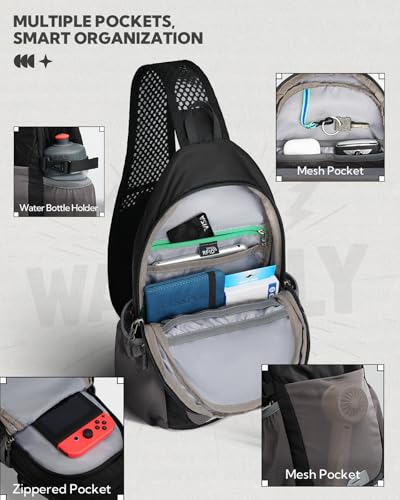 WATERFLY Packable Crossbody Sling Bag: Small Lightweight Travel RFID Blocking Sling Daypack with Water Bottle Holder - Shoulder Chest Bag Backpack for Women Men Hiking Traveling Theme Parks - color: Black