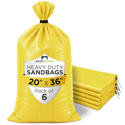 Heavy Duty Sand Bags Pack of 6, Bright Yellow Empty Sandbags with Built-In Ties, Woven Polypropylene UV Protection 1600 Hours, Fillable Bags for Flood Control, Weight, 20x36 inches, 100 Pounds Volume - size: 20"W x 36"L, style: Pack of 6