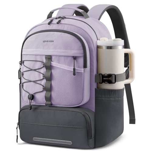 LOVEVOOK School Backpack for Teen Girls, Unique Style College Student Backpacks with Large Cup Holder, Cute Kid Bookbag with Pens Compartment, Large Capacity Back to School Backpack Fit 15.6'' Laptop - color: Purple Grey, size: Medium